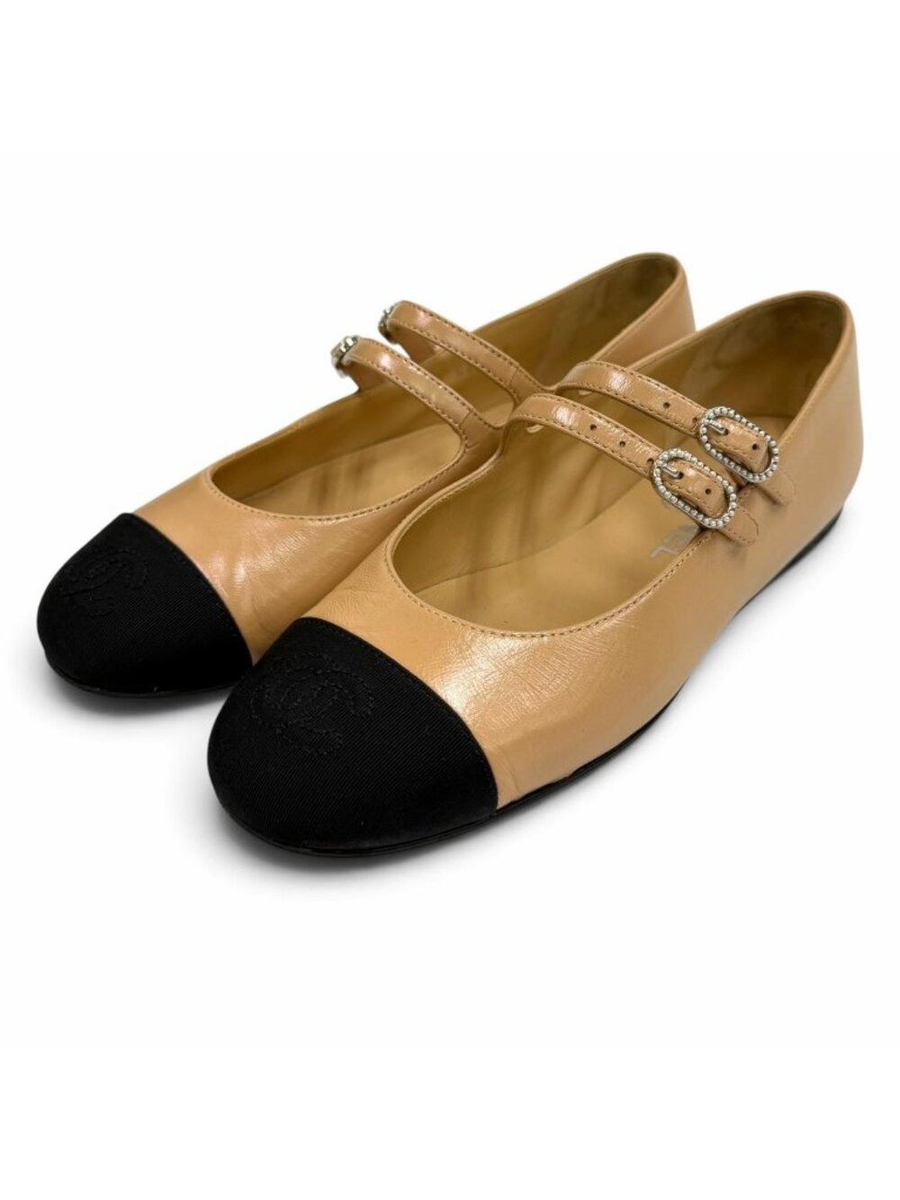 Chanel CC Logo Mary Jane Leather Flat Pumps Beige Black